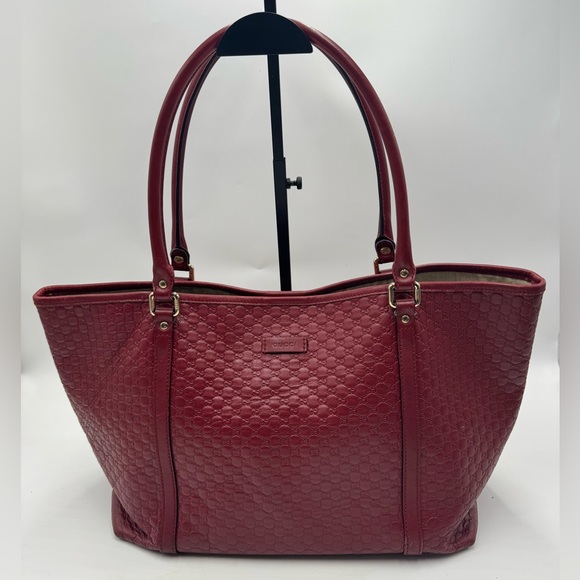 Auth Gucci Large Red Microguccisima Monogram Embossed Leather Joy Tote Bag Ex+ - Picture 12 of 16